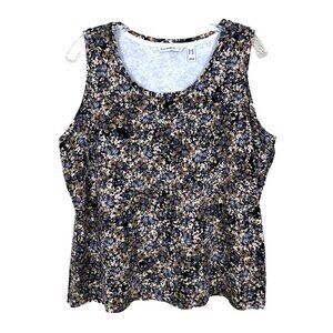 Isaac Mizrahi Live Womens Tank Top 1X Sleeveless Dark Floral Knit Black Cotton